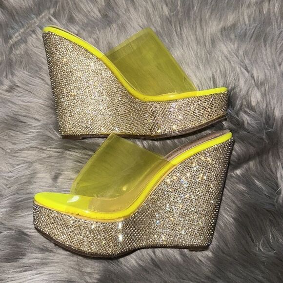 Chase + Chloe rhinestone platforms. Neon yellow and clear. - Picture 2 of 9